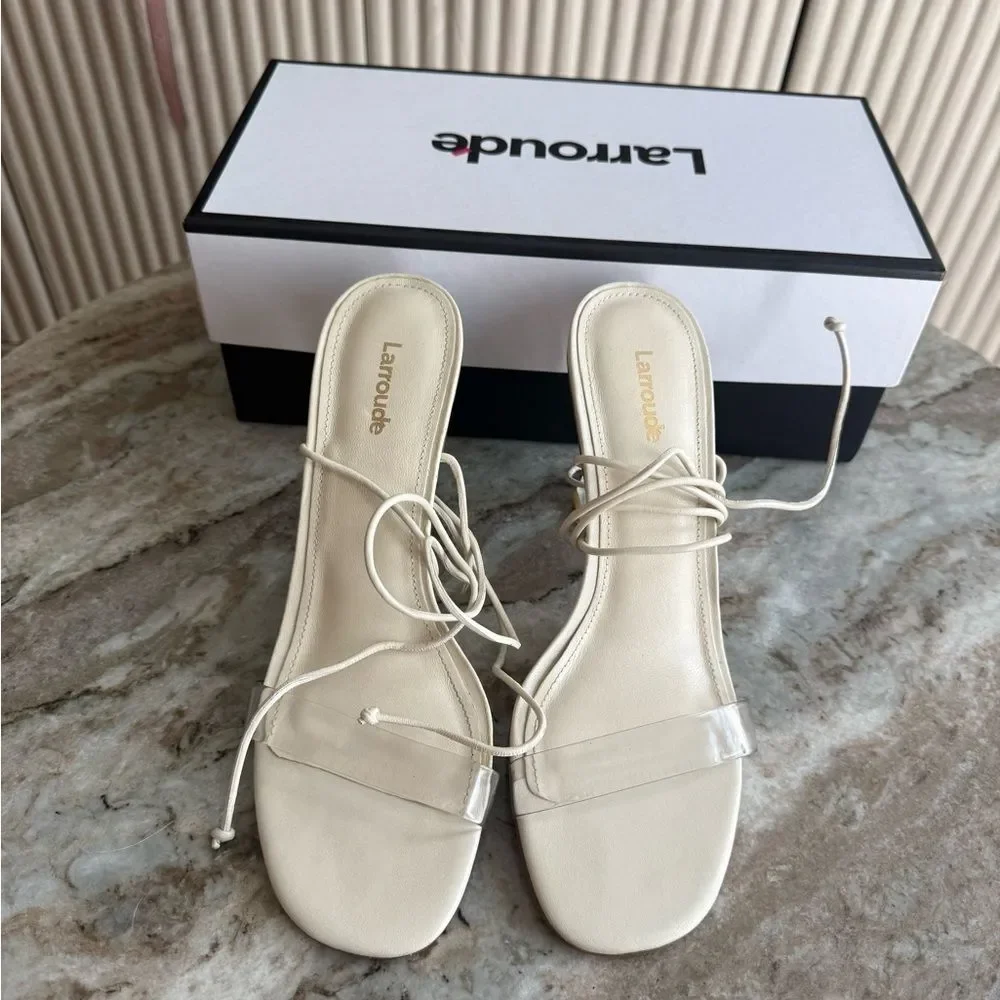 Larroude Gloria Clear Heels Ivory Lace Up Sandals Size 8 Ankle-Tie Sandal